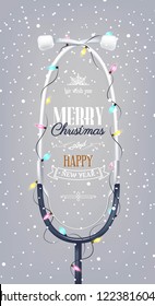 Merry christmas and Happy new year holiday medical background with stethoscope, christmas lights and snowflakes. Vector illustration