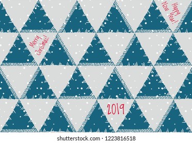 Merry christmas and a happy new year! 2019. Seamless pattern with green Christmas tree on grey background.