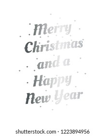 Merry Christmas and a Happy New Year hand drawn lettering inscription with abstract curls, dots for winter holiday design, calligraphy vector illustration