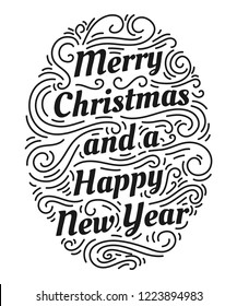Merry Christmas and a Happy New Year hand drawn lettering inscription with abstract curls, dots for winter holiday design, calligraphy vector illustration