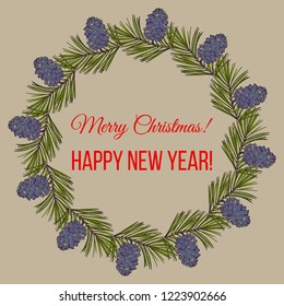 Merry Christmas and Happy New Year greeting card, banner with pine wreath