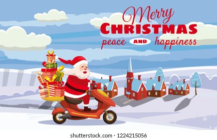 Merry Christmas and Happy New Year, Happy Santa Claus with a gifts box riding a scooter. Winter landscape background, town, snow. Christmas holiday theme design element for greeting cards, banners