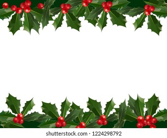 Merry Christmas and Happy New Year greeting card pattern border with holly berries on white background. Abstract background for Christmas decoration. Vector winter holiday floral frame illustration