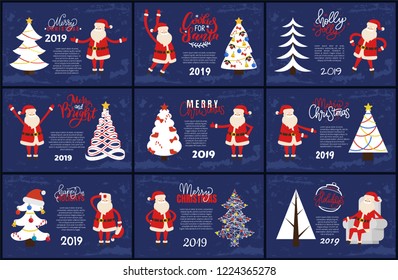 Merry Christmas and Happy New Year 2019 greeting cards red Santa Claus and white Xmas tree on blue background. Decorated and abstract spruces, holiday adventures vector postcards