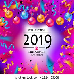 Merry christmas and happy new year 2019. Greeting postcard decoration. Beautiful multi-colored balls and confetti on a bright colored background. Vector illustration