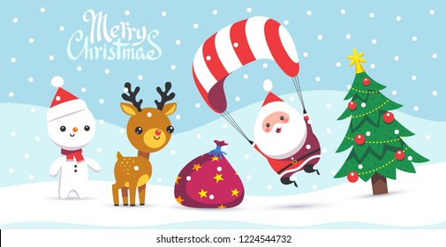 Merry Christmas and Happy New Year. Greeting card with snowflakes and funny Santa Claus with his friends. Cartoon flat style. Vector illustration isolated on white background.