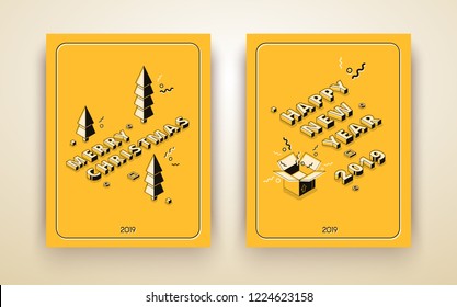 Merry Christmas and happy New Year isometric vector greeting card, holiday poster or brochure cover design template with christmas trees, gift box line art illustrations. Winter holidays in 2019 flyer