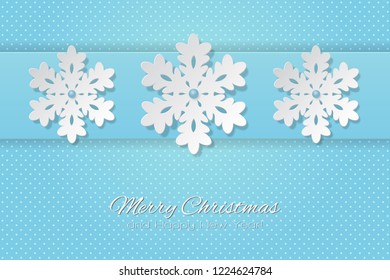 Merry Christmas and Happy New Year lettering vector illustration with snowflake on blue background paper art style
