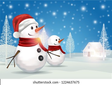 Merry christmas and happy new year greeting card with copy-space.Happy snowmans standing in winter christmas landscape.