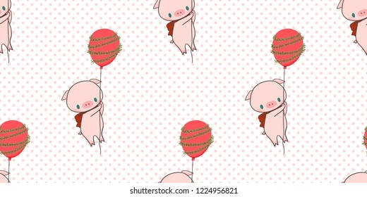 Merry christmas and happy new year, with cute pig and fancy balloon seamless pattern, Vector cartoon illustration background repeat wallpaper.