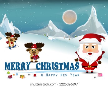 Merry Christmas and happy new year. Santa Claus with reindeer in Holiday winter landscape background.