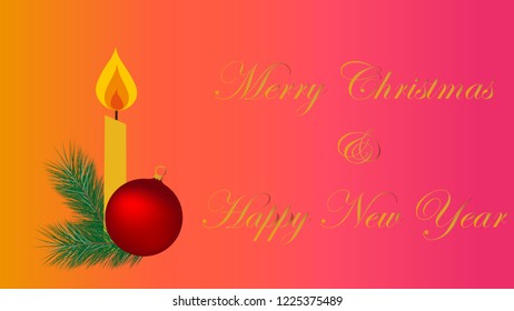 Merry Christmas and Happy New Year banner with twigs of pine tree, yellow candle, and red ornamental ball. Vector illustration. Season's Greetings, Merry Christmas, Happy New Year, 