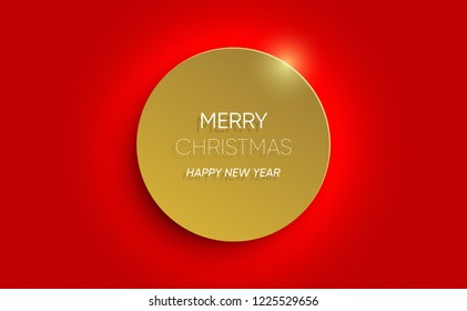 Merry Christmas and Happy New Year minimal poster design. Bright gold circle on red background. 3D art for ad, web, landing page, cover, poster, banner, post card, billboard, print, promotion.