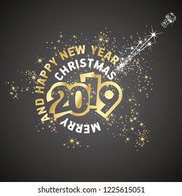 Merry Christmas Happy New Year 2019 firework greeting card gold black vector