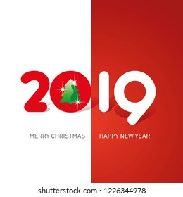 Merry Christmas Happy New Year 2019 Christmas tree cute creative typography red white logo icon banner