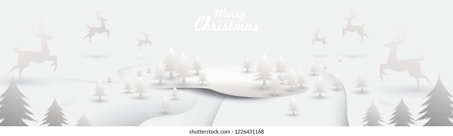 Merry Christmas and Happy New Year. Illustration of Santa Claus on the sky with reindeer sleigh and bag of gift, paper art and digital craft style