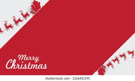 Merry Christmas and Happy New Year. Illustration of Santa Claus on the sky with reindeer sleigh and bag of gift, paper art and digital craft style