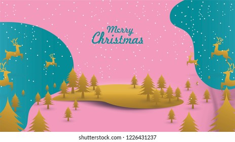 Merry Christmas and Happy New Year. Illustration of Santa Claus on the sky with reindeer sleigh and bag of gift, paper art and digital craft style