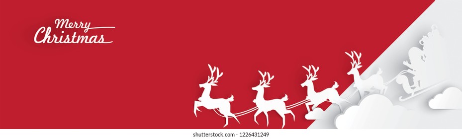 Merry Christmas and Happy New Year. Illustration of Santa Claus on the sky with reindeer sleigh and bag of gift, paper art and digital craft style