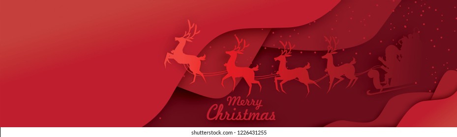 Merry Christmas and Happy New Year. Illustration of Santa Claus on the sky with reindeer sleigh and bag of gift, paper art and digital craft style