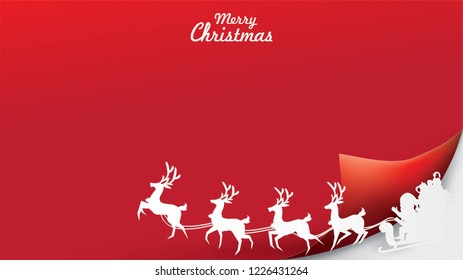 Merry Christmas and Happy New Year. Illustration of Santa Claus on the sky with reindeer sleigh and bag of gift, paper art and digital craft style