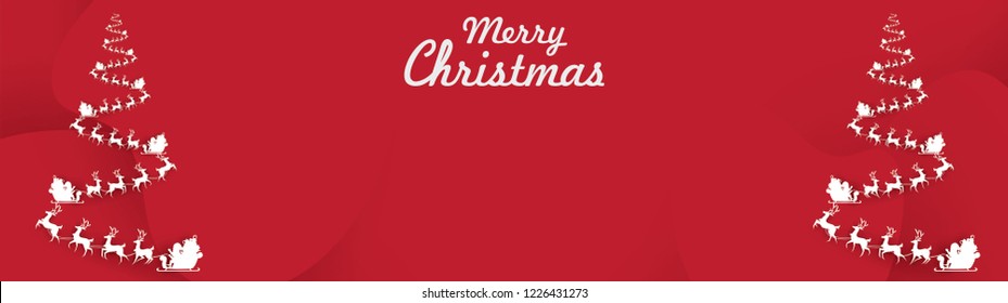 Merry christmas and happy new year red xmas pine tree with reindeer sleigh in paper art style, holiday decoration card design simple,stylized in red background