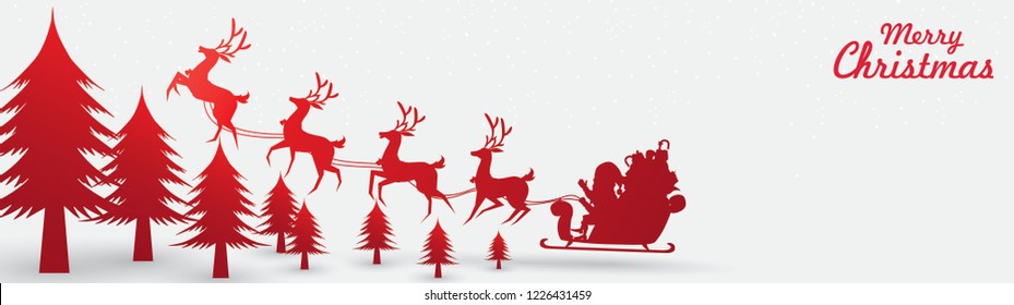 Merry Christmas and Happy New Year. Illustration of Santa Claus on the sky with reindeer sleigh and bag of gift, paper art and digital craft style