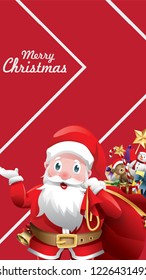 Merry christmas and happy new year red xmas cartoon Santa Claus with huge red bag with presents, red blank sign for copy space text, banner, poster, and invitation background