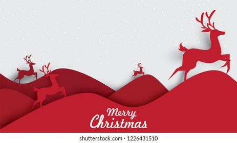 Merry Christmas and Happy New Year. Illustration  with reindeer  , paper art and digital craft style