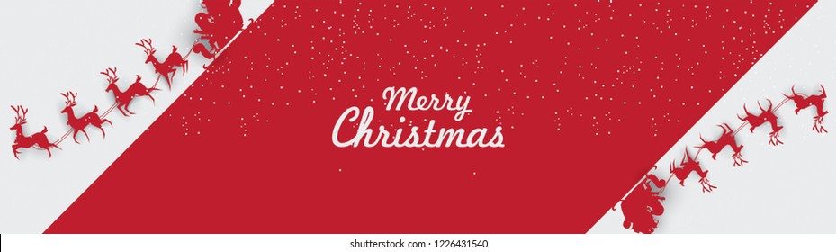 Merry Christmas and Happy New Year. Illustration of Santa Claus on the sky with reindeer sleigh and bag of gift, paper art and digital craft style