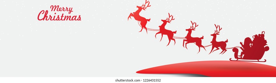 Merry Christmas and Happy New Year. Illustration of Santa Claus on the sky with reindeer sleigh and bag of gift, paper art and digital craft style