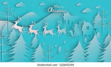 Merry Christmas and Happy New Year. Illustration of Santa Claus on the sky with reindeer sleigh and bag of gift, paper art and digital craft style
