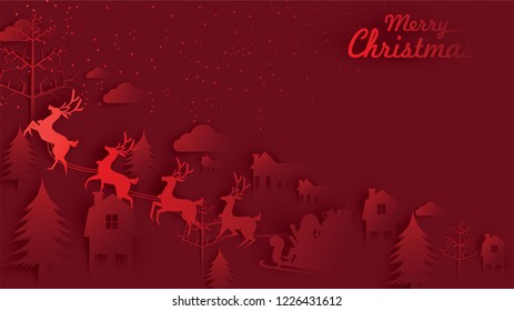 Merry Christmas and Happy New Year. Illustration of Santa Claus on the sky with reindeer sleigh and bag of gift, paper art and digital craft style