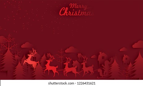 Merry Christmas and Happy New Year. Illustration of Santa Claus on the sky with reindeer sleigh and bag of gift, paper art and digital craft style