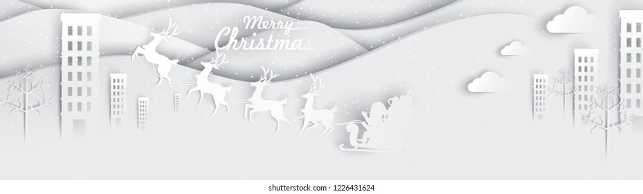 Merry Christmas and Happy New Year. Illustration of Santa Claus on the sky with reindeer sleigh and bag of gift, paper art and digital craft style