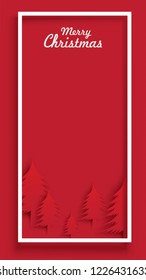 Merry christmas and happy new year red xmas pine tree in paper art cut style style vector illustration, holiday decoration card design, banner, poster, and invitation background