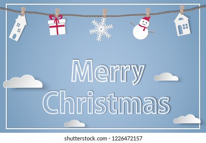 Merry Christmas and Happy New Year paper art of house, snowman, gift box, snowflake, cloud, hanging on the rope vector