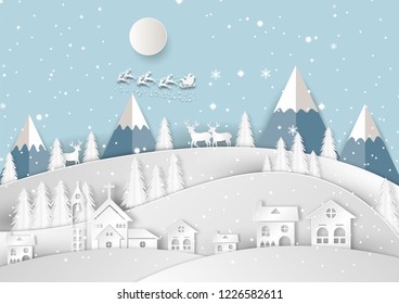 Merry Christmas and happy new year,  Xmas festival end year party silhouette Santa Claus and deer decoration greeting card abstract wallpaper background. Paper art and craft style