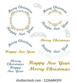 Merry Christmas and Happy New Year hand lettering text with hand drawn decorative design elements.