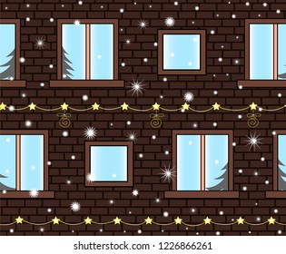 Merry Christmas and Happy New Year vector seamless background with building wall with many decorated windows, snowflakes and garlands 