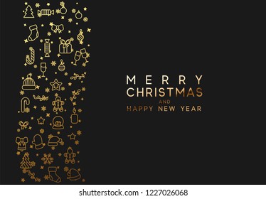 Merry Christmas and happy new year. Black background with festive gold line style