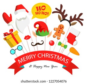 Merry Christmas  and Happy New Year card  with photo booth props set with Santa hat and beard, elf hat, festive gift, Christmas stocking, vector. Party decoration. 