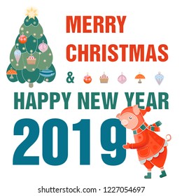Merry Christmas and Happy New Year. Vector illustration. Chinese calendar for year of pig 2019. Cute pig. Chinese horoscope. Symbol of the year. Winter forest, a lantern and a piglet. Greeting card