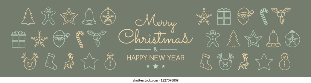 Merry Christmas and Happy New Year - card with hand drawn decorations. Vector.