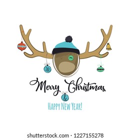 Merry Christmas & Happy New Year!. Funny Deer head with decorated antler  illustration. Greeting card design.
