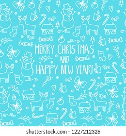 Merry Christmas and Happy New Year winter seamless pattern with holidays objects. Vector illustration