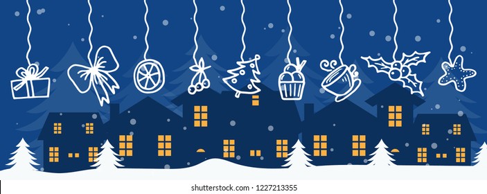 Merry Christmas and Happy New Year winter holidays banner with holidays objects. Vector illustration