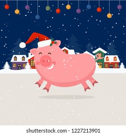 Merry Christmas and Happy New Year winter holidays greeting card with pig how symbol of year. Vector illustration