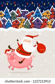 Merry Christmas and Happy New Year winter holidays greeting card with pig how symbol of year and Santa Claus. Vector illustration