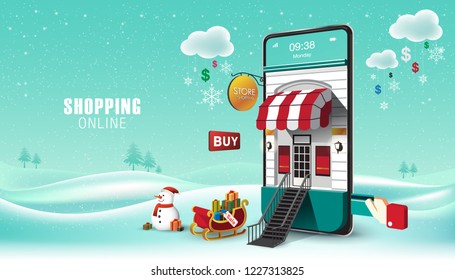 Merry Christmas and Happy New Year. Winter Snowy. Online on Website or Mobile Application Vector Concept Marketing and Digital marketing. Horizontal view. VECTOR